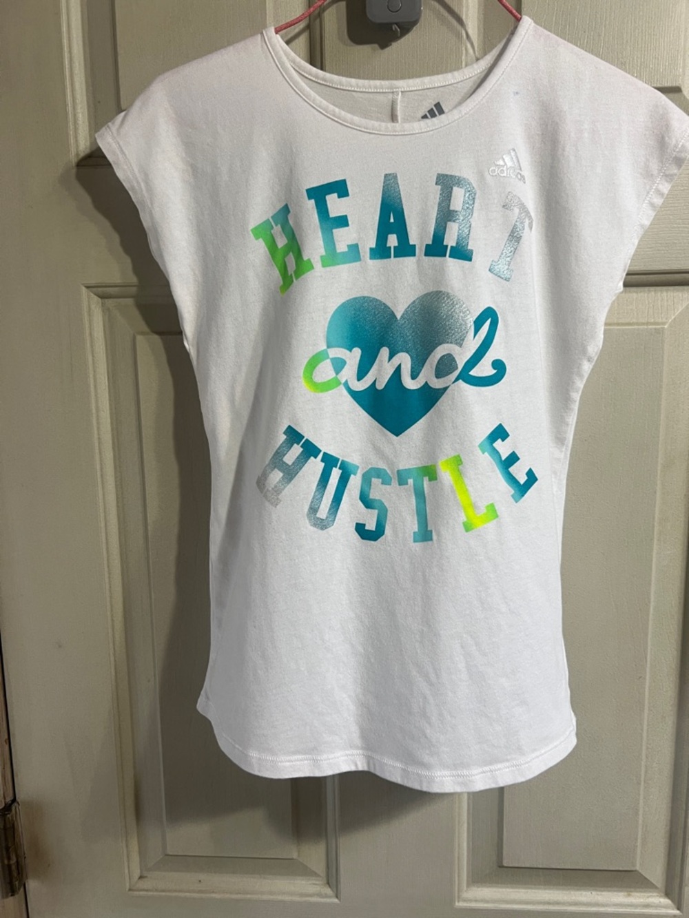 adidas White Short Sleeve Tee with Teal & Lime Heart Graphic